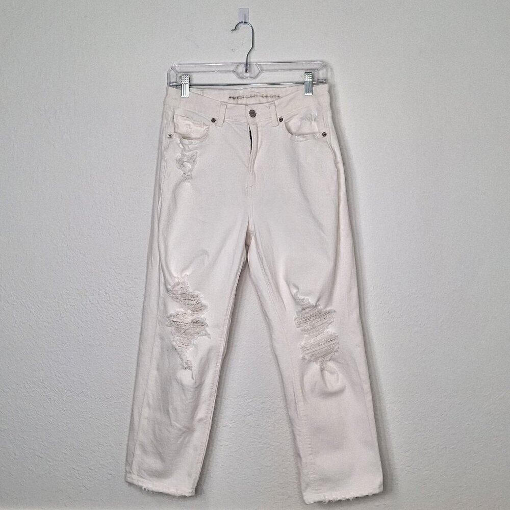 American Eagle Mom Straight Jean Sz 8 X-Short 5 Pocket Distressed Neutral Boho